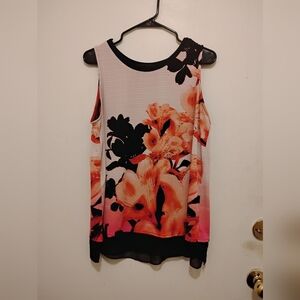 Floral Sleeveless Blouse | Pink Orange Black | Sheer Hem Detail